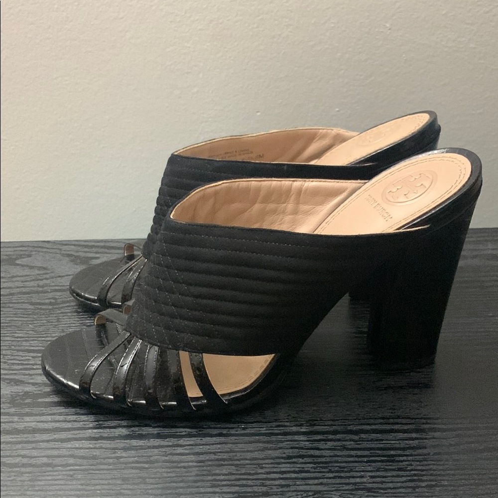 Tory Burch Woven Suede & Patent  Leather Mules
